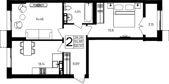 2-комн., 54.85 м²