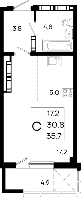 Студия, 30.8 м²