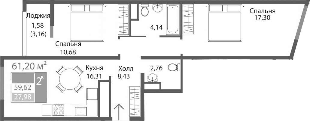 2-комн., 59.62 м²