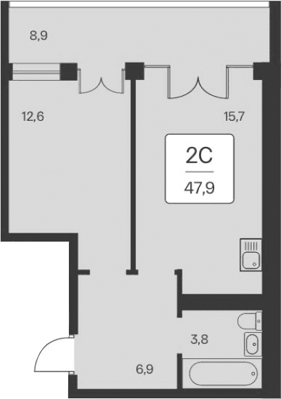1-комн., 39 м²