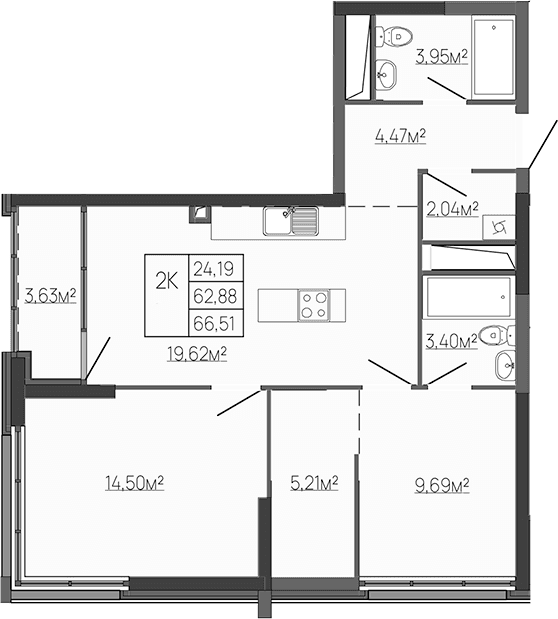 2-комн., 62.88 м²