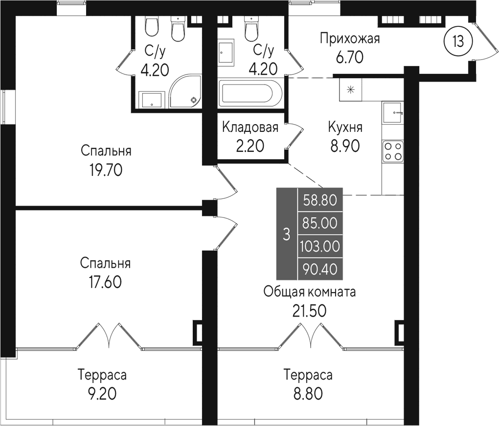 3-комн., 85 м²