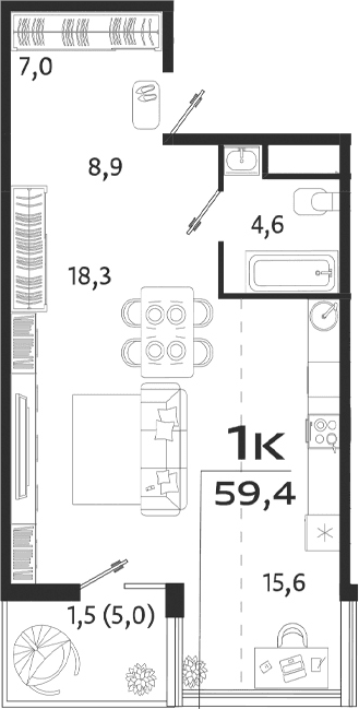 Студия, 54.4 м²