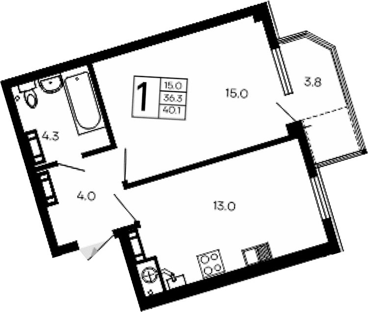 1-комн., 36.3 м²