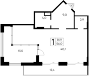 Студия, 56 м²