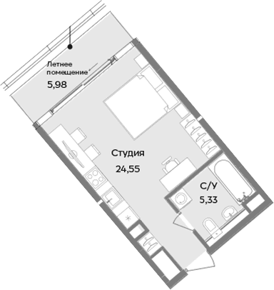 Студия, 29.88 м²