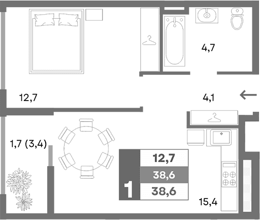 1-комн., 36.9 м²