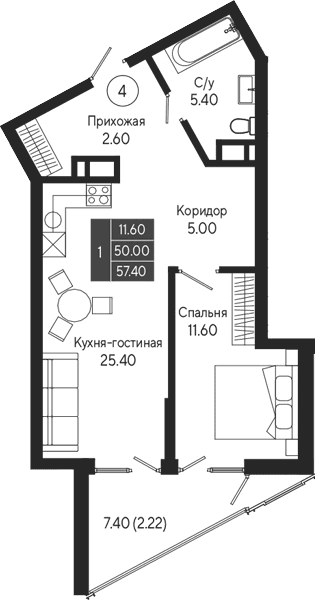 1-комн., 50 м²