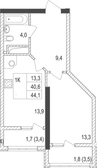 1-комн., 40.6 м²