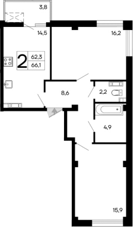 2-комн., 62.3 м²
