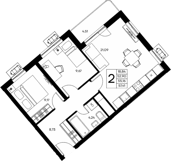 2-комн., 52.9 м²