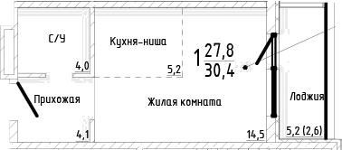 Студия, 27.8 м²