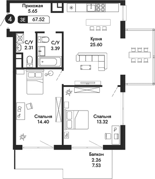3-комн., 65.26 м²