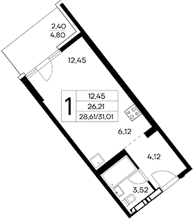 Студия, 28.61 м²
