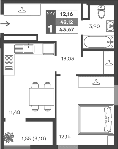 1-комн., 40.57 м²