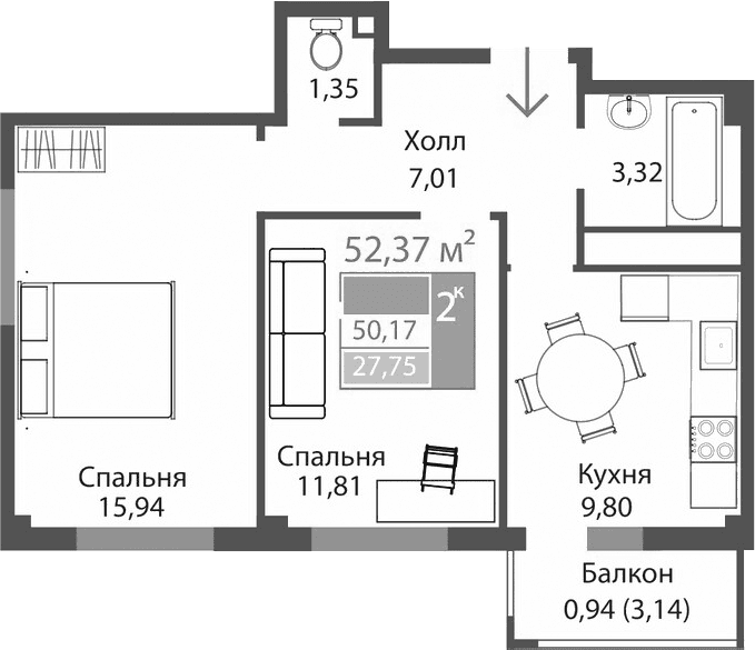 2-комн., 49.23 м²