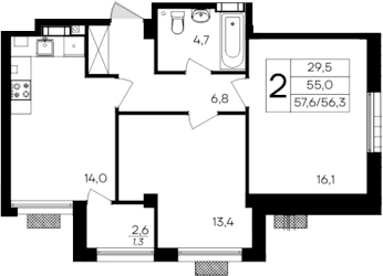 2-комн., 56.3 м²