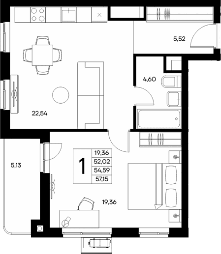 1-комн., 52.02 м²