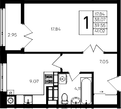 1-комн., 38.07 м²