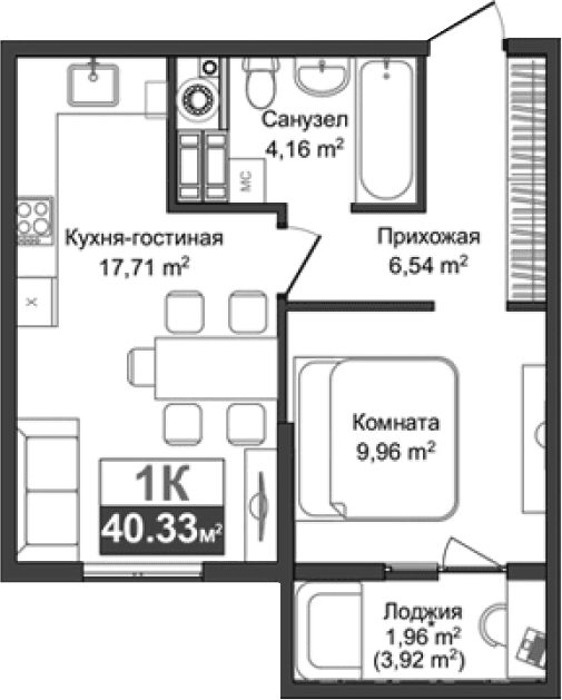 1-комн., 38.37 м²
