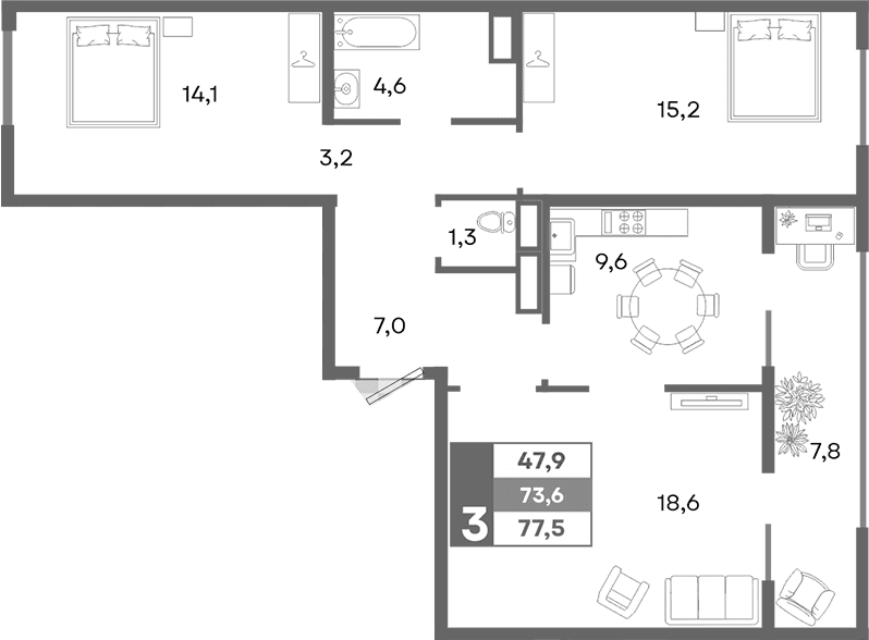 3-комн., 73.6 м²