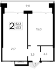 1-комн., 43.3 м²