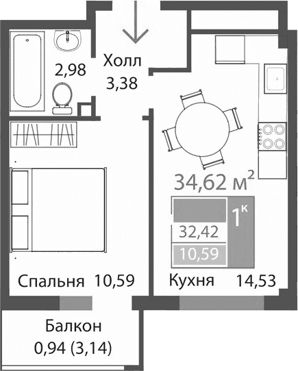 1-комн., 31.48 м²