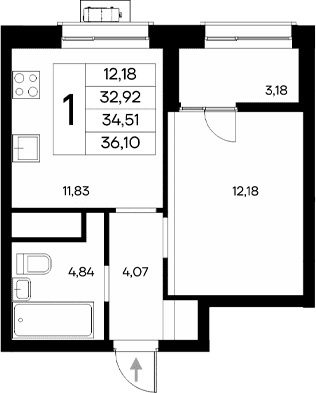 1-комн., 32.92 м²