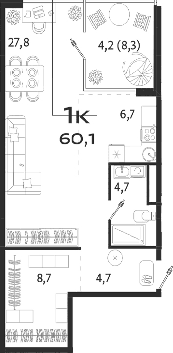 Студия, 51.8 м²