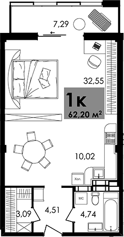 Студия, 54.91 м²