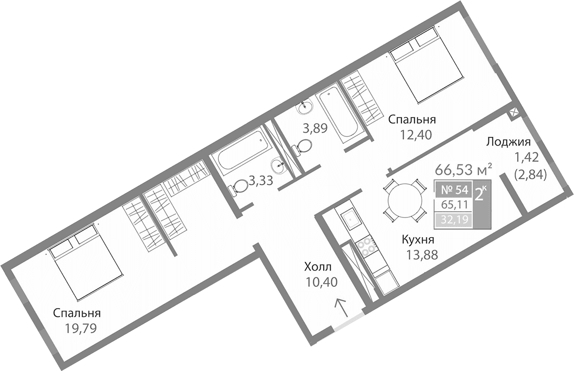 2-комн., 63.69 м²
