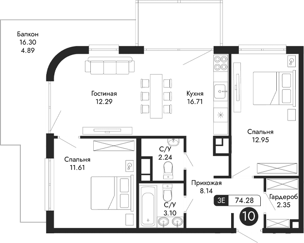 3-комн., 69.39 м²