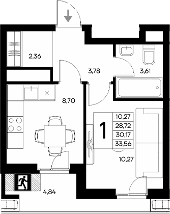 1-комн., 28.72 м²