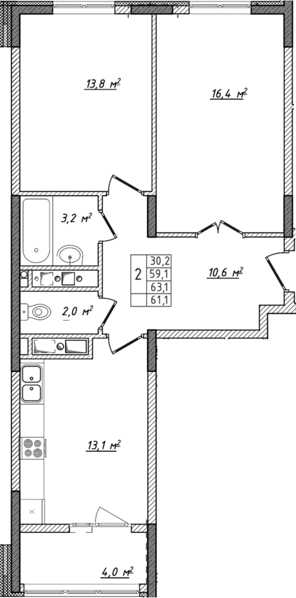 2-комн., 59.1 м²