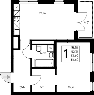 1-комн., 52.31 м²