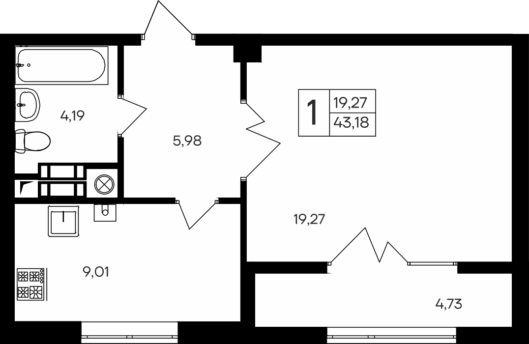 1-комн., 38.45 м²
