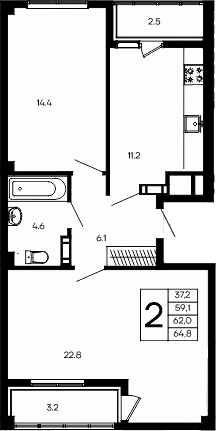 2-комн., 59.1 м²