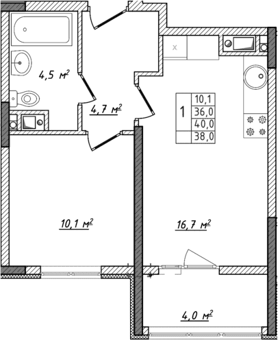 2-комн., 36 м²