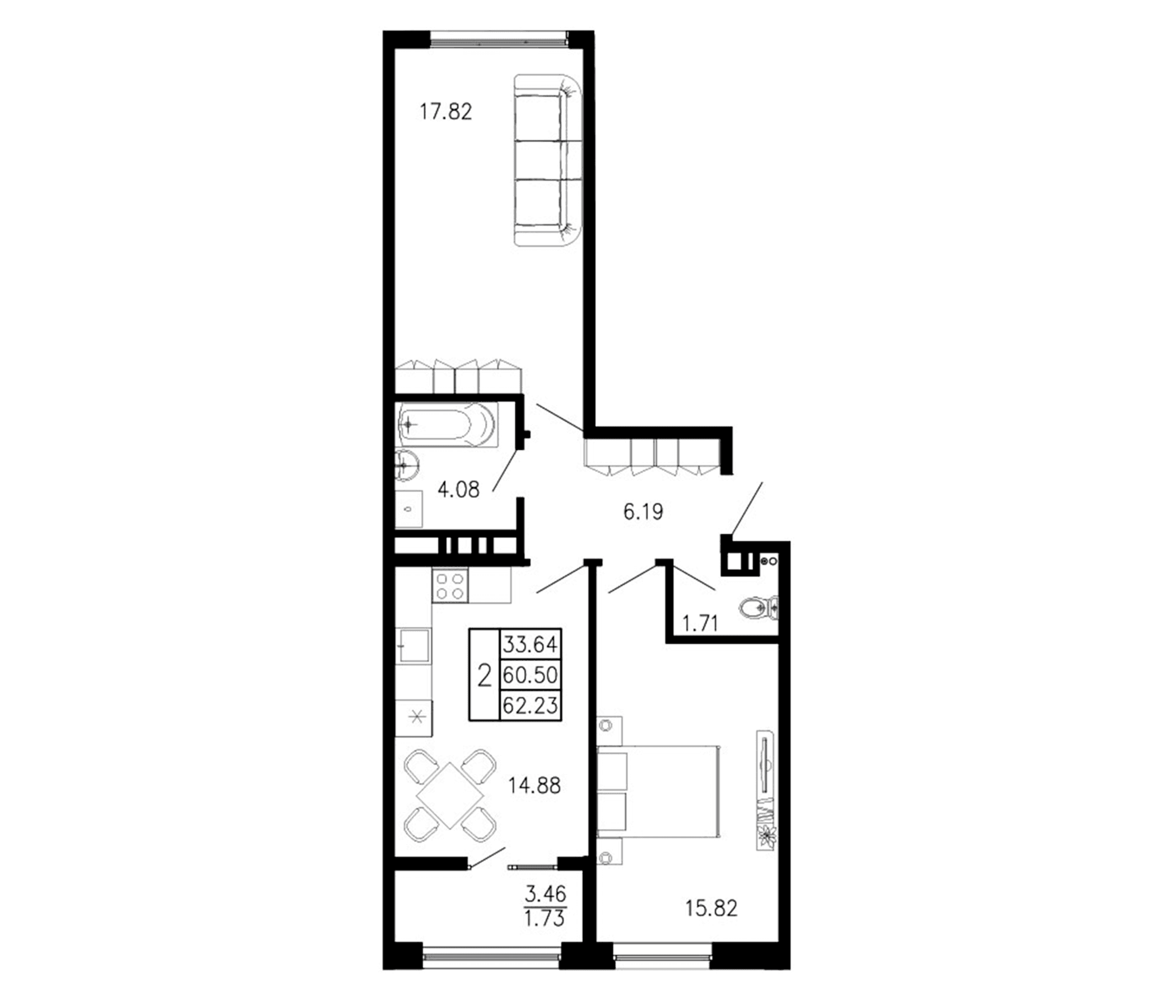 2-комн., 60.5 м²