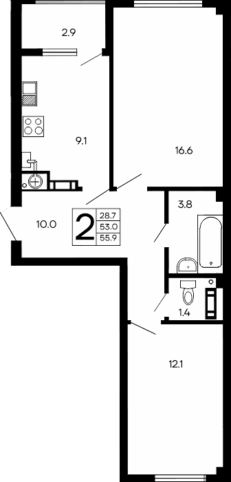 2-комн., 53 м²