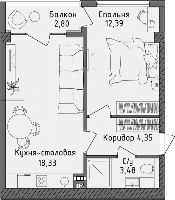 2-комн., 38.55 м²