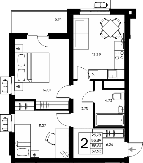 2-комн., 53.89 м²