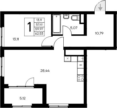 1-комн., 57.41 м²