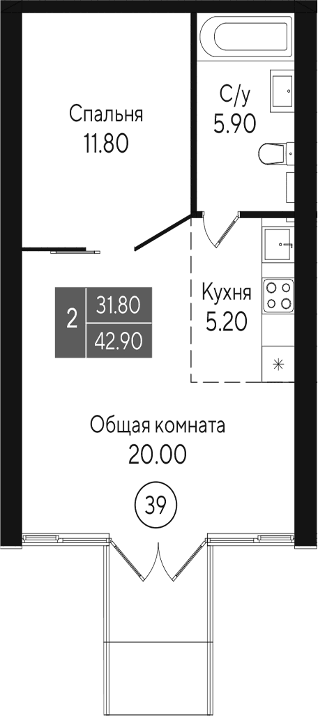 2-комн., 42.9 м²
