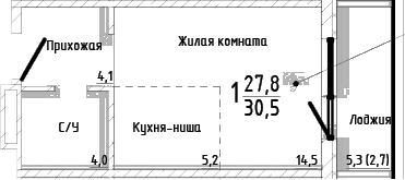 Студия, 27.8 м²