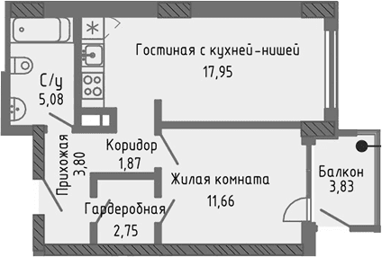 2-комн., 43.11 м²
