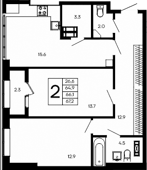 2-комн., 64.9 м²