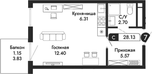 Студия, 26.98 м²