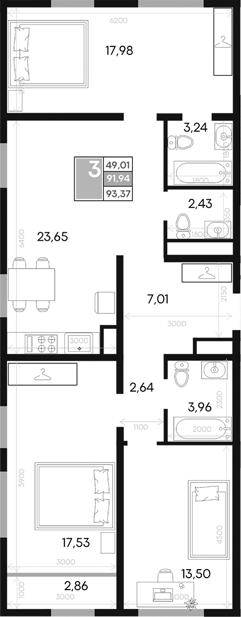 3-комн., 91.94 м²