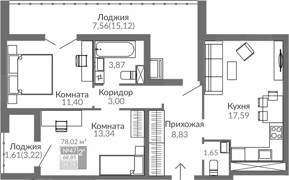 2-комн., 59.68 м²